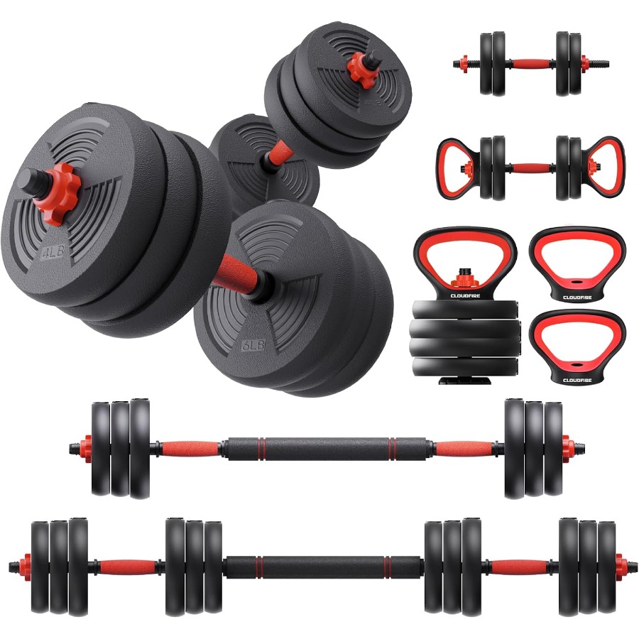 Dumbbell Set - 調整可能なダンベルセット。60ポンドのフリーウェイトセットで、コネクターが付属。ケトルベル、バーベル、プッシュアップスタンドとして使用できる5-in-1ダンベルセット。