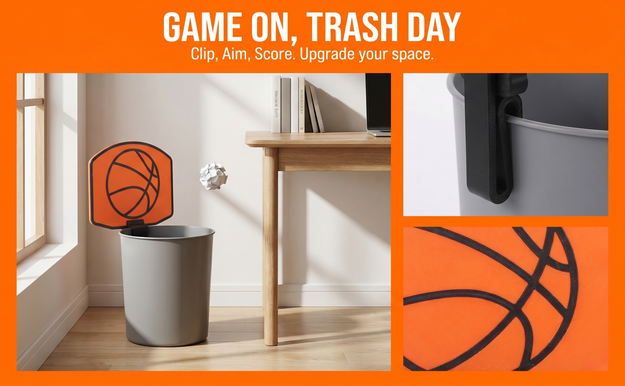Basketball Hoop - バスケットボール型のゴミ箱用フープクリップ。オフィスや寝室、屋内で使用できるミニバックボード。装飾的で、楽しくて斬新なデザイン。スタイリッシュなアップグレード。