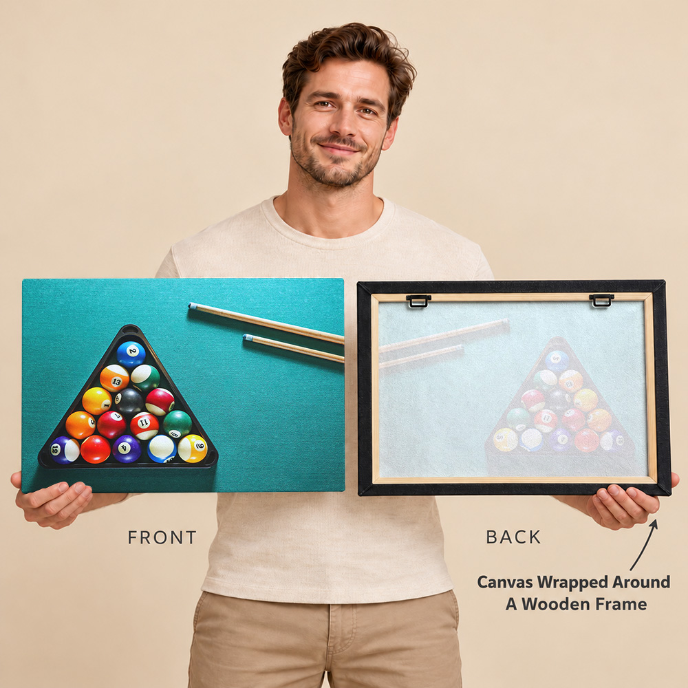 ビリヤードボール、キュー、木製フレームのキャンバスプリント、 - Sports Equipment Poster のレビューと価格